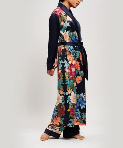 Liberty London Sakura Silk Charmeuse Long Robe In Navy