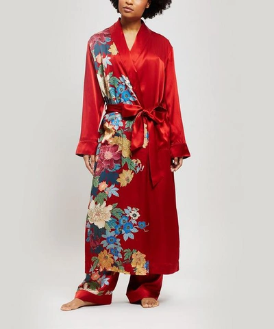 Liberty London Sakura Silk Charmeuse Long Robe In Orange