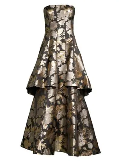 Aidan Mattox Strapless Metallic Jacquard Godet Gown In Black Gold