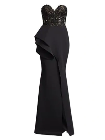 Badgley Mischka Strapless Ruffled Lace Mermaid Gown In Black