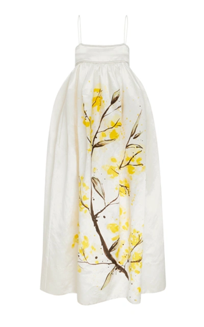 Aje Mimosa Printed Linen And Silk-blend Satin Gown In White