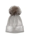 Adrienne Landau Fox Fur Pom-pom Metallic Beanie In Silver