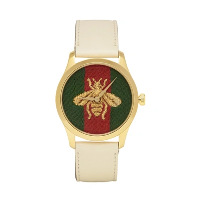 Gucci Gold And White Leather Bee G-timeless Watch
