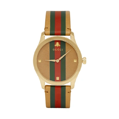 Gucci G-timeless Striped Leather And Gold-tone Watch In Brown/ Green/ Gold