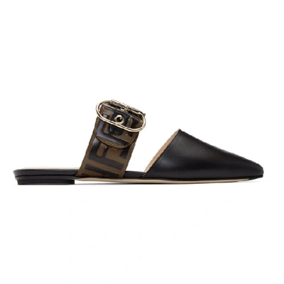 Fendi Embellished Logo-embossed Leather Slippers In Black