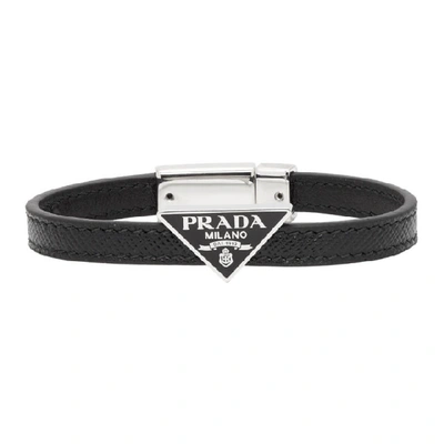 Prada Saffiano Leather Triangle Double Bracelet In Black