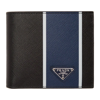 Prada Logo Stripe Billfold Wallet - 黑色 In F011e Blue