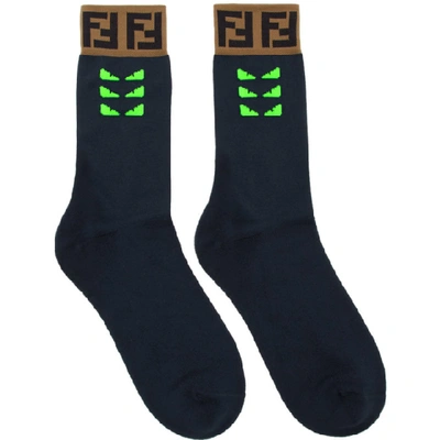 Fendi Logo-intarsia Stretch Cotton-blend Socks In F17qd-blue+green Fluo