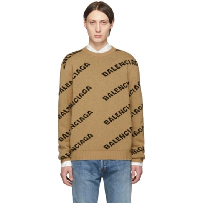 Balenciaga Logo-intarsia Wool-blend Jumper In Neutral