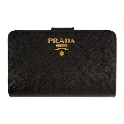 Prada Compact Zip-around Saffiano Leather Wallet In Black