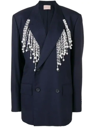 Christopher Kane Faux Pearl-fringed Double-breasted Wool Blazer In 4017 Midnight