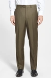 Santorelli Luxury Flat Front Wool Dress Pants In Olive