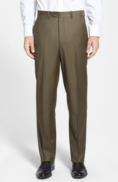 Santorelli Luxury Flat Front Wool Dress Pants In Olive