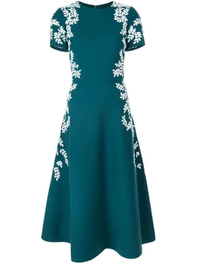 Oscar De La Renta Short Sleeve Embroidered Leaf Wool-blend Dress In Blue
