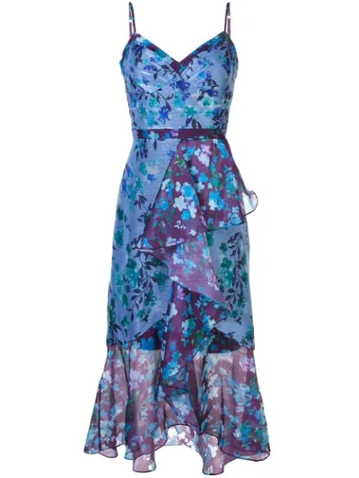 Marchesa Notte Colourblock Floral Organza Sleeveless High-low Side-ruffle Gown In Blue