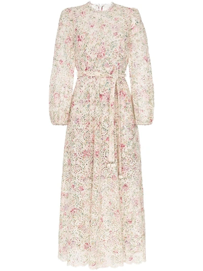 Zimmermann Honour Belted Floral-print Broderie Anglaise Cotton Midi Dress In Multicolour
