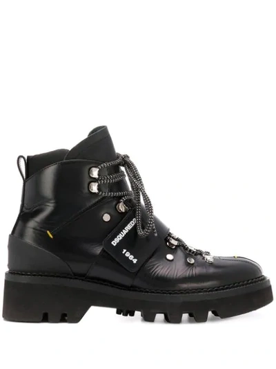 Dsquared2 Men's Leather Lace-up Hiking Boots With Grip Strap In Black