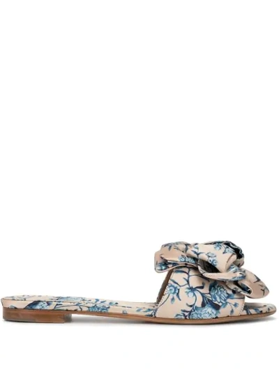 Tabitha Simmons Johanna Ortiz Camilla Bow-embellished Floral-print Satin Slides In Pink