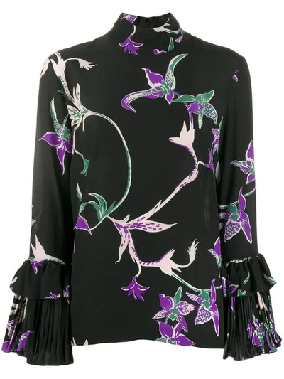 La Doublej Frill Wrist Printed Silk Top In Black