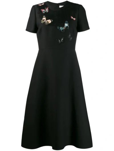 Valentino Butterfly Embroidered Lace Panel Midi Dress In Black