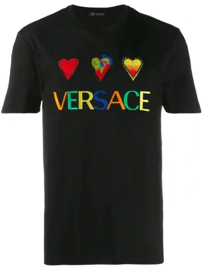 Versace Embroidered-logo And Heart Cotton T-shirt In Black