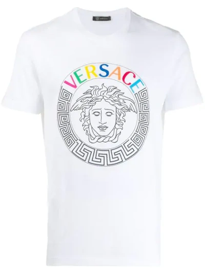 Versace Multicolored Embroidered Logo T-shirt In White