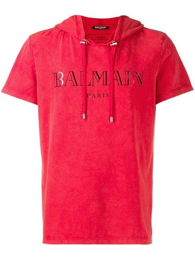 Balmain Hooded Logo-print T-shirt - Red