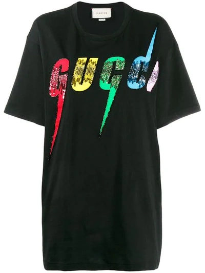 Gucci Sequinned Logo Cotton T-shirt In Black