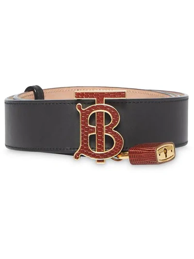 Burberry Padlock Detail Monogram Motif Leather Belt In Black/tan