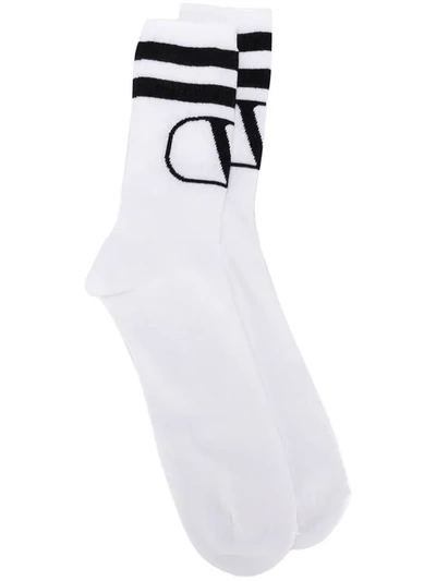 Valentino White Logo-intarsia Cotton-blend Socks In White,black