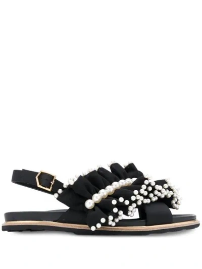 Suecomma Bonnie Pearl Ornaments Ruffle Sandals - 黑色 In Black