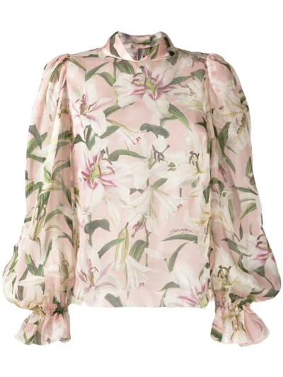 Dolce & Gabbana Lily Print Organza Puff Sleeve Blouse In Pink