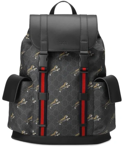 Gucci Men's Gg Supreme Tiger-print Backpack In Black