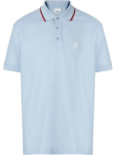 Burberry Icon Stripe Placket Cotton Piqué Polo Shirt In Pale Blue