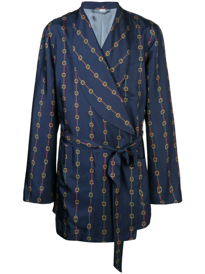 Gucci Stirrups And Web Silk Robe Coat In Blue