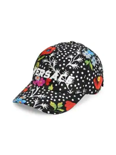 Versace Floral & Polka Dot Logo Silk Baseball Cap In Nero Stampa