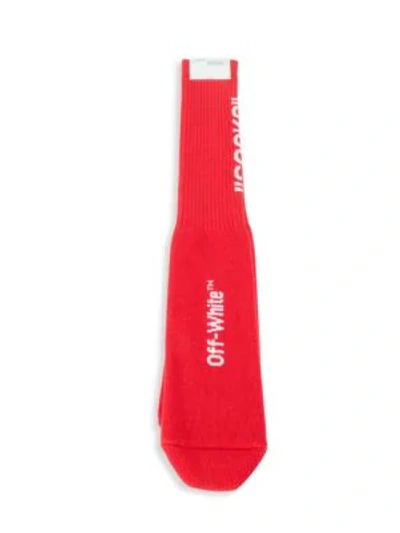 Off-white Quote Logo Crew Socks In Red White