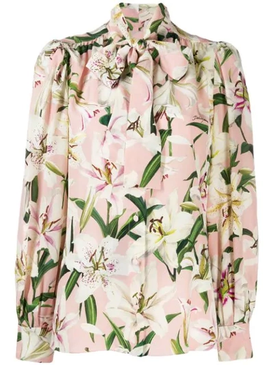 Dolce & Gabbana Pussy-bow Floral-print Silk-chiffon Blouse In Light Pink