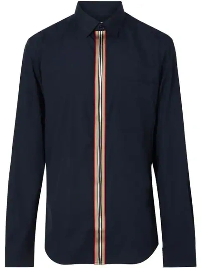 Burberry Icon Stripe Detail Stretch Cotton Poplin Shirt In Navy