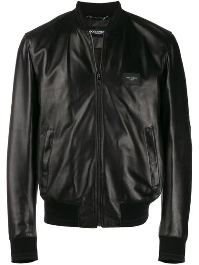 Dolce & Gabbana Leather Bomber Jacket W/ D&g Logo Plaque In Black