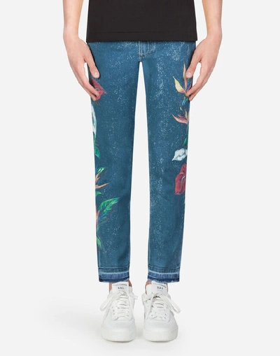Dolce & Gabbana Skinny Stretch Jeans With Anthurium Print In Blue