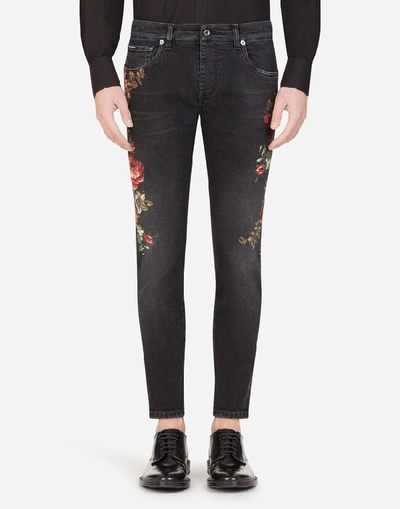Dolce & Gabbana Black Skinny Stretch Jeans With Floral Print