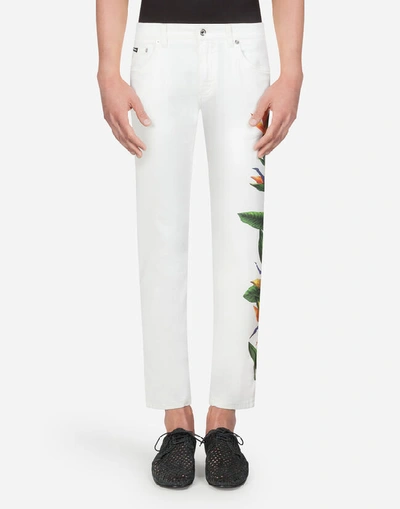 Dolce & Gabbana Skinny Stretch Jeans With Bird Of Paradise Print In White