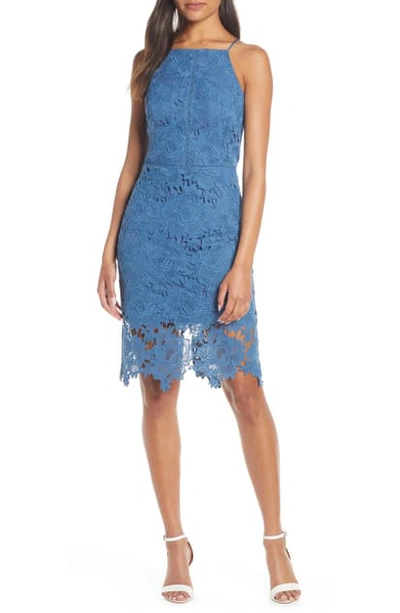 Adelyn Rae Farrah Halter Neck Lace Cocktail Dress In Shadow Blue