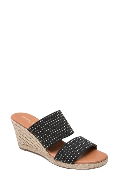 Andre Assous Amalia Strappy Espadrille Wedge Slide Sandal In Black Studded Fabric