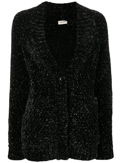 Saint Laurent Metallic Flecked Chenille Cardigan In Black