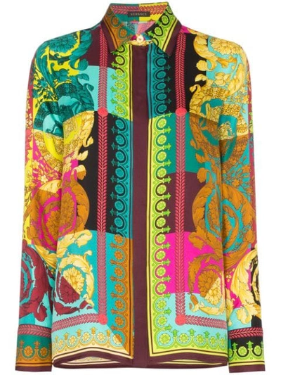 Versace Colorblock Mixed Print Silk Shirt In Multicolour
