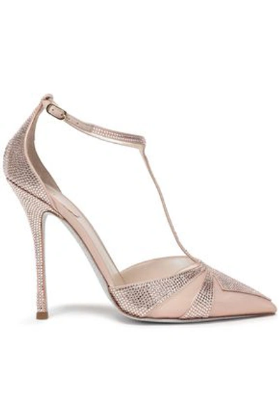 René Caovilla Crystal-embellished Satin And Mesh Pumps In Blush