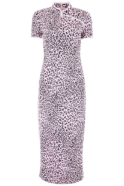 Alessandra Rich Crystal-embellished Leopard-print Silk-jacquard Midi Dress In Pink,black