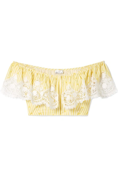 Miguelina Jenna Off-the-shoulder Crochet-trimmed Striped Cotton-voile Top In Yellow